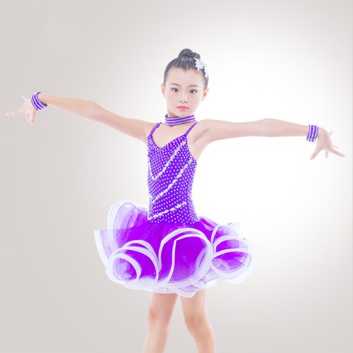 Kids competition latin dresses royal blue red purple for girls diamond stage performance professional ballroom rumba chacha dance skirts 